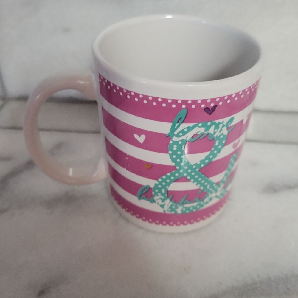 Love & Happiness Pink White Striped Ceramic Coffee Mug